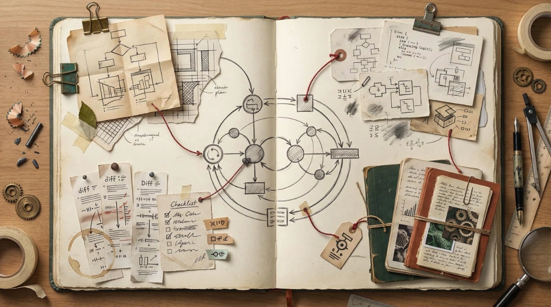 Open engineering notebook with interconnected system diagrams and research notes