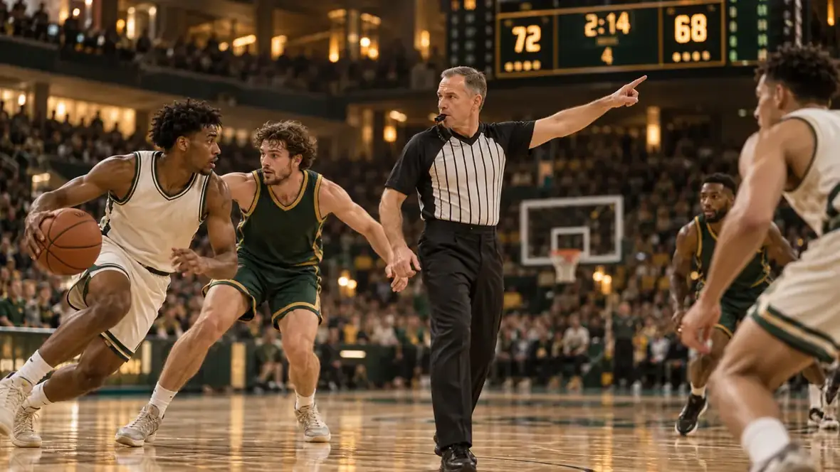 Basketball referee signaling while players continue the game