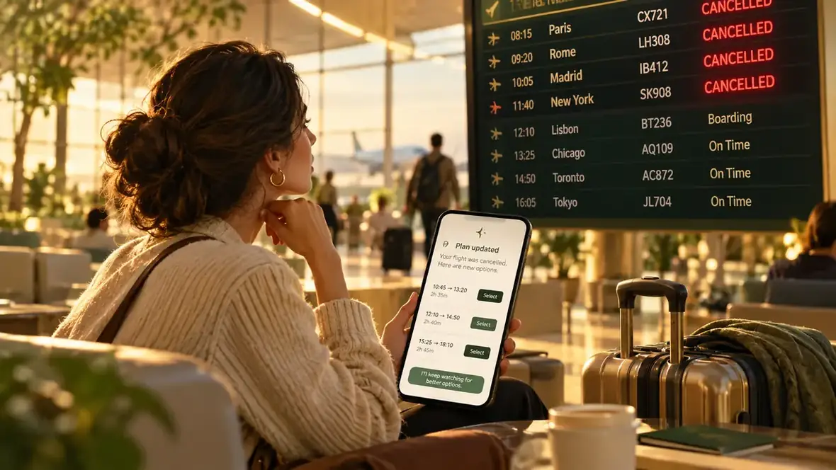 A traveler reviewing a cancelled flight and new travel options