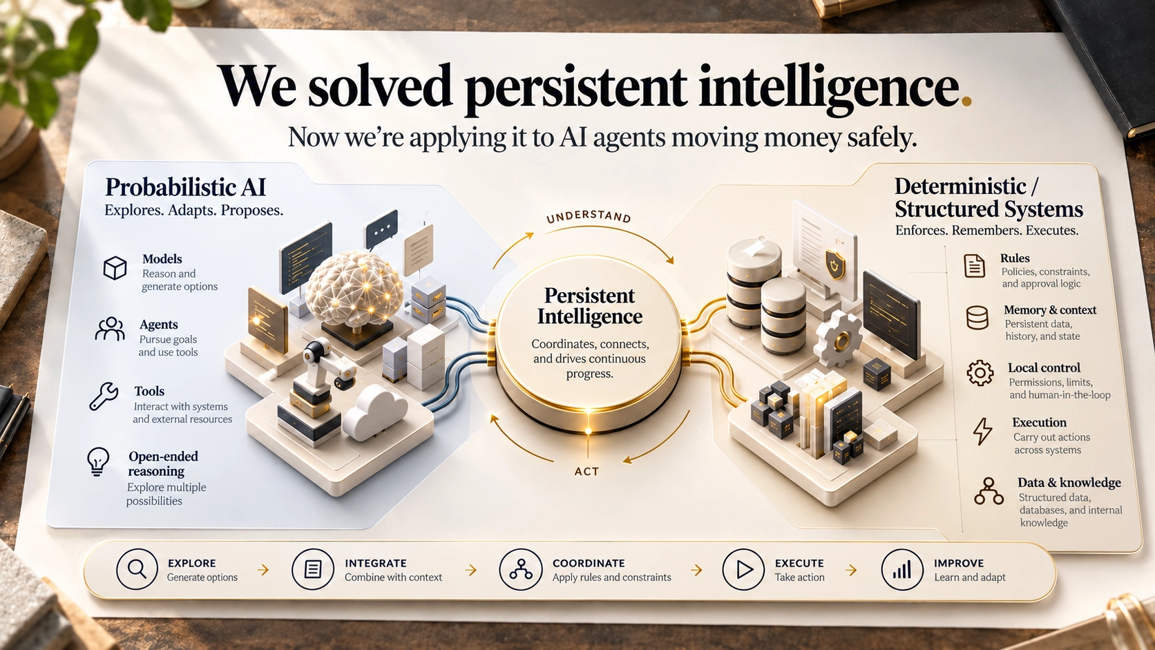 Persistent Intelligence overview connecting probabilistic AI with deterministic and structured systems.
