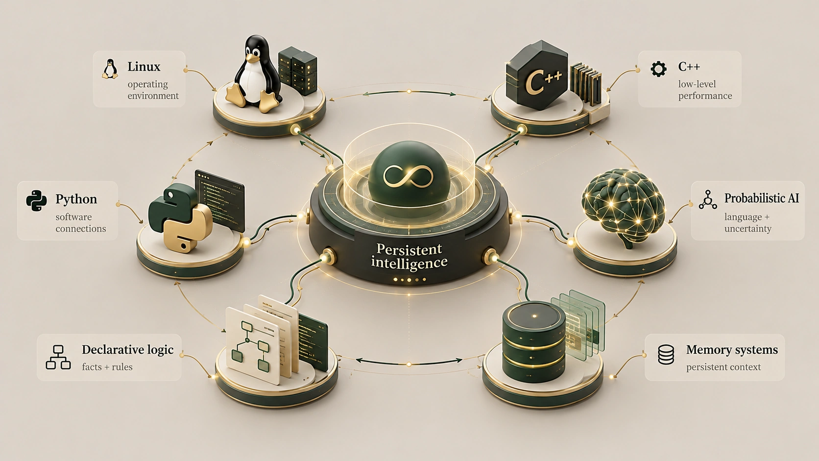 Gunner persistent intelligence architecture integrating Linux, C++, Python, probabilistic AI, declarative logic and memory systems.