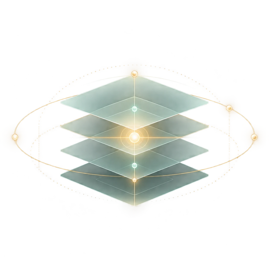 Four stacked glowing layers inside a gold orbit, representing Gunner: the whole system carrying the work.